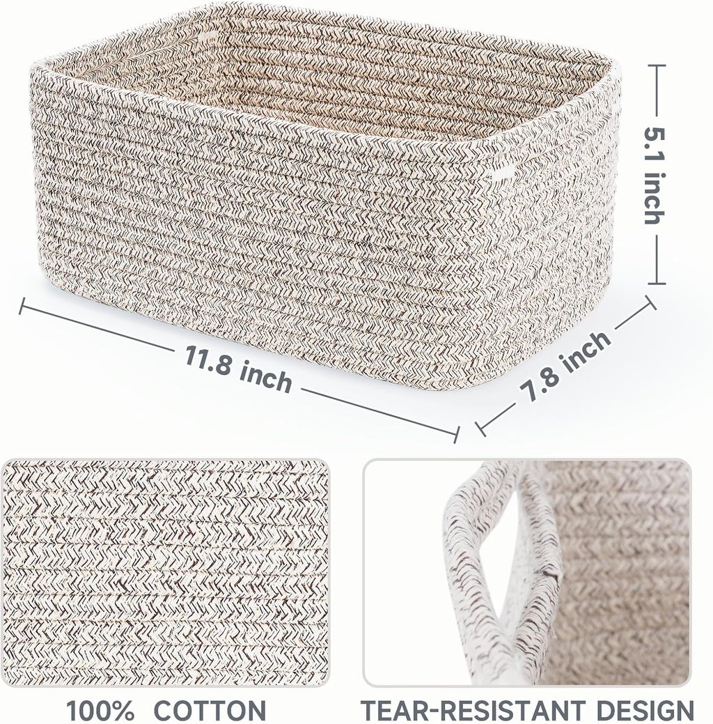 3 Pack Small Storage Baskets for Organizing, 11.8×7.8×5.1", Mixed Brown | Woven Baskets for shelves, Cotton Rope Basket for Gifts Empty, Closet Organizer Bins with Handles, Cube Decorative Box