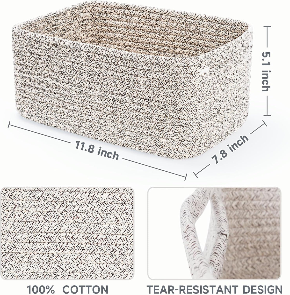 3 Pack Small Storage Baskets for Organizing, 11.8×7.8×5.1", Mixed Brown | Woven Baskets for shelves, Cotton Rope Basket for Gifts Empty, Closet Organizer Bins with Handles, Cube Decorative Box