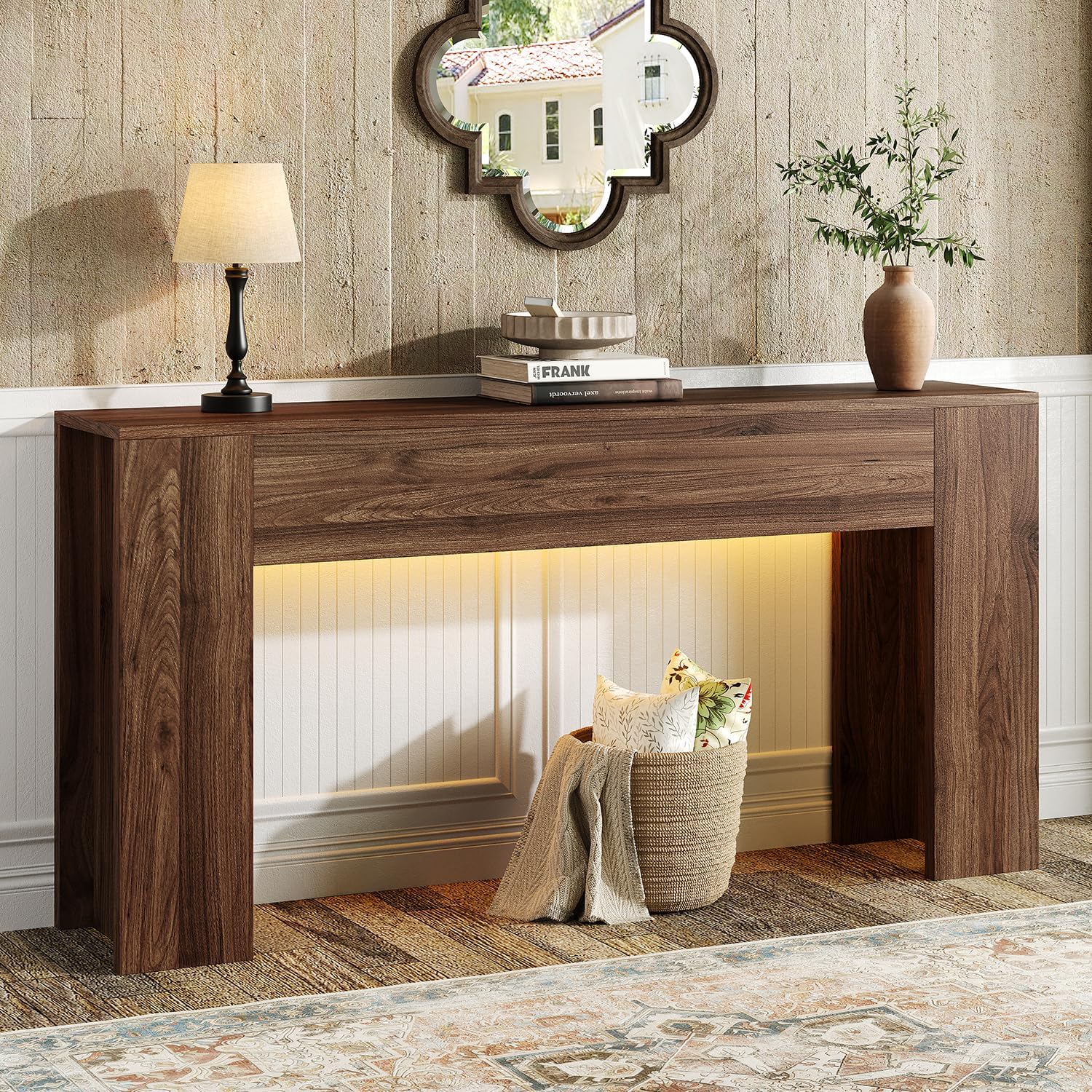 UNIQUITE 63-Inch Long Console Table with RGB LED Lights, Extra Wide and Thick Sofa Table Behind Couch, Farmhouse Entryway Table for Entrance, Hallway, Living Room, Brown