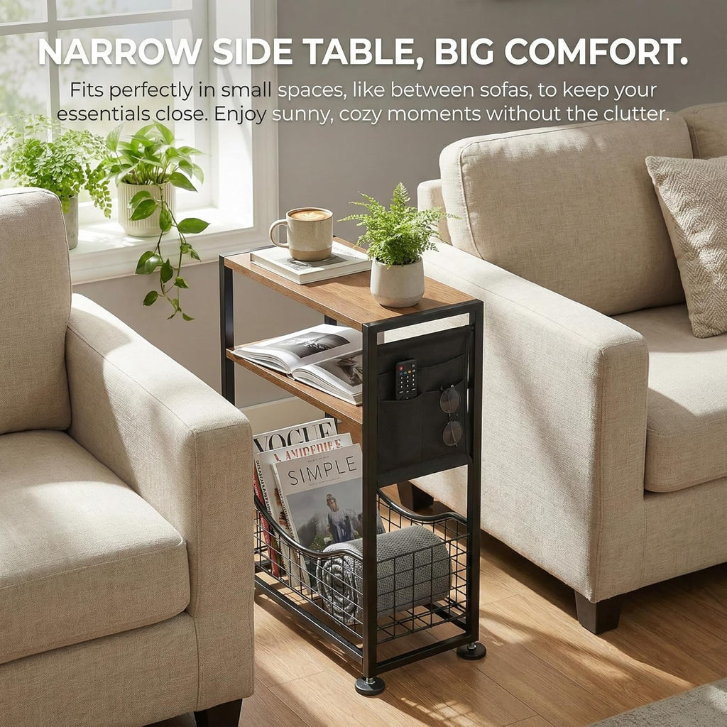 Skinny Side Table with Storage, 3 Tier Slim Side Tables for Small Spaces, Skinny End Table Narrow Bedside Table Narrow Side Table for Living Room, Bedroom