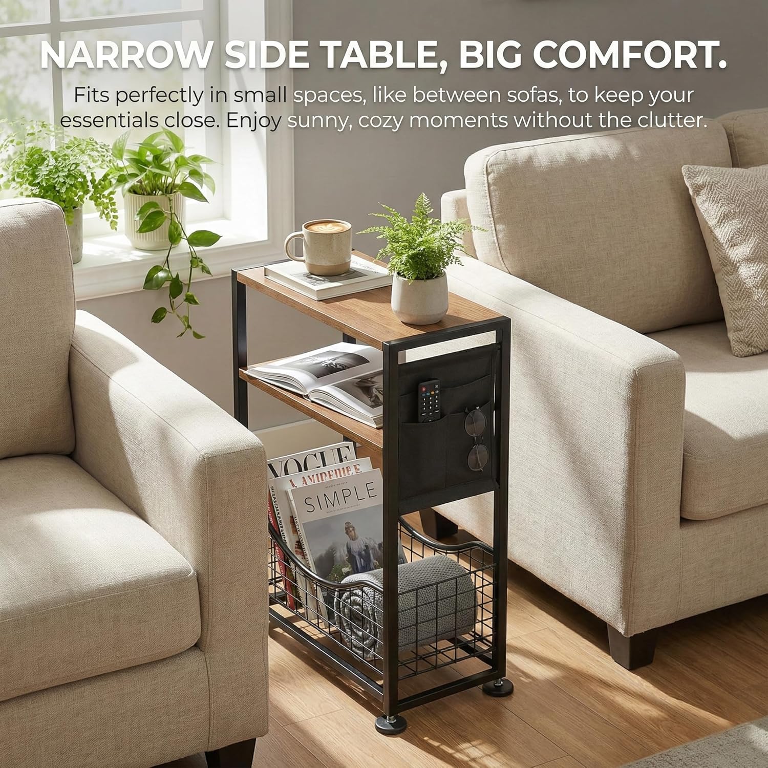 Skinny Side Table with Storage, 3 Tier Slim Side Tables for Small Spaces, Skinny End Table Narrow Bedside Table Narrow Side Table for Living Room, Bedroom