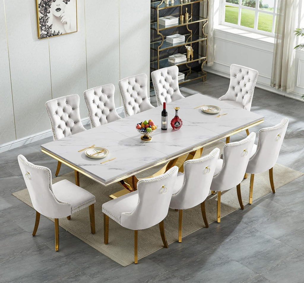 94" White Dining Table for 6-10, Modern Rectangular Kitchen Table with Faux Marble Table Top and Double U-Shaped Gold Stainless Steel Base, Large Long Dinner Table for Kitchen Dining Room