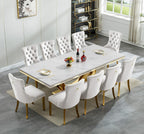 94" White Dining Table for 6-10, Modern Rectangular Kitchen Table with Faux Marble Table Top and Double U-Shaped Gold Stainless Steel Base, Large Long Dinner Table for Kitchen Dining Room