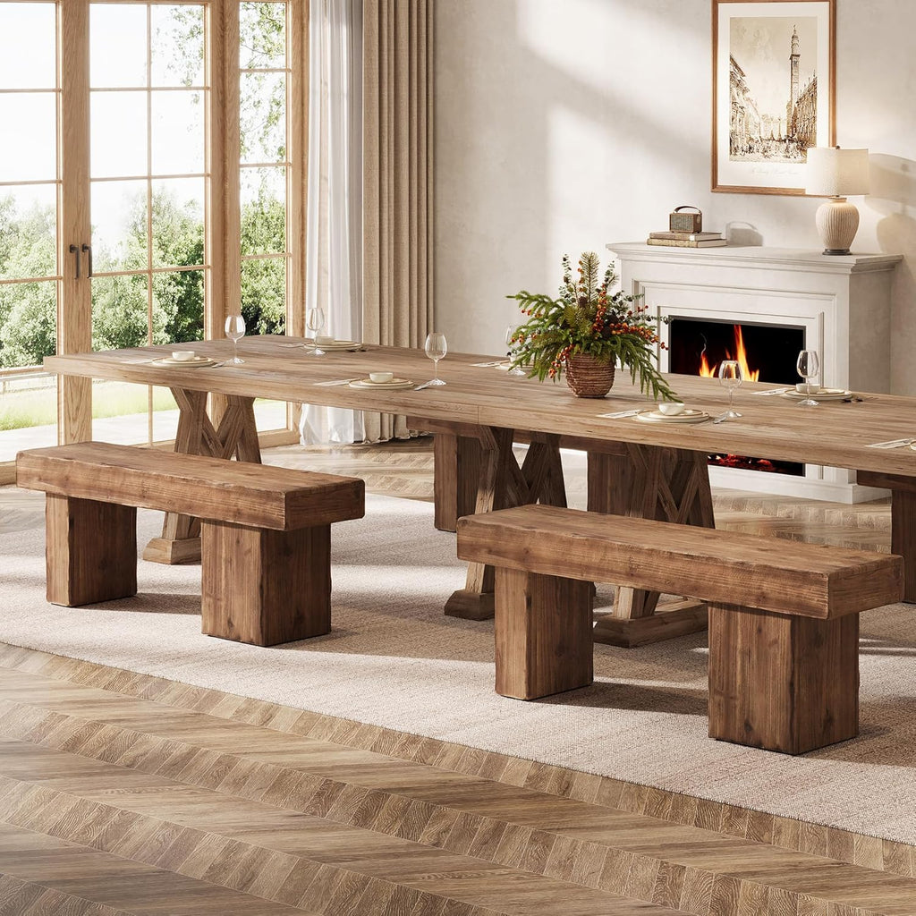 Solid Wood Bench, 47” Farmhouse Entryway Bench with Thickened Seat & Artistic Legs, Heavy Duty Indoor Bench for Bedroom, Hallway, Living Room, Indoor, Porch, Natural