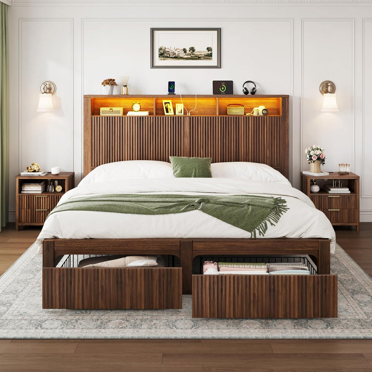 CypBed Queen Size Bed Frame with Headboard and 2 Storage Drawers, Walnut