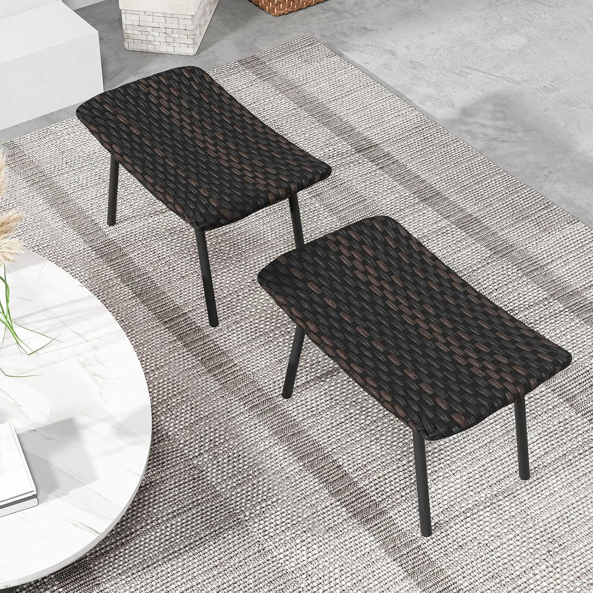 Tangkula Set of 2 Patio Ottomans, Multipurpose Rattan Ottomans w/Padded Quick Dry Foam & Heavy-Duty Metal Legs, Outdoor Wicker Footrest Extra Seating for Poolside, Backyard All Weather Resistant