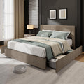 IDEALHOUSE Upholstered Queen Bed Frame with 4 Storage Drawers, Brown