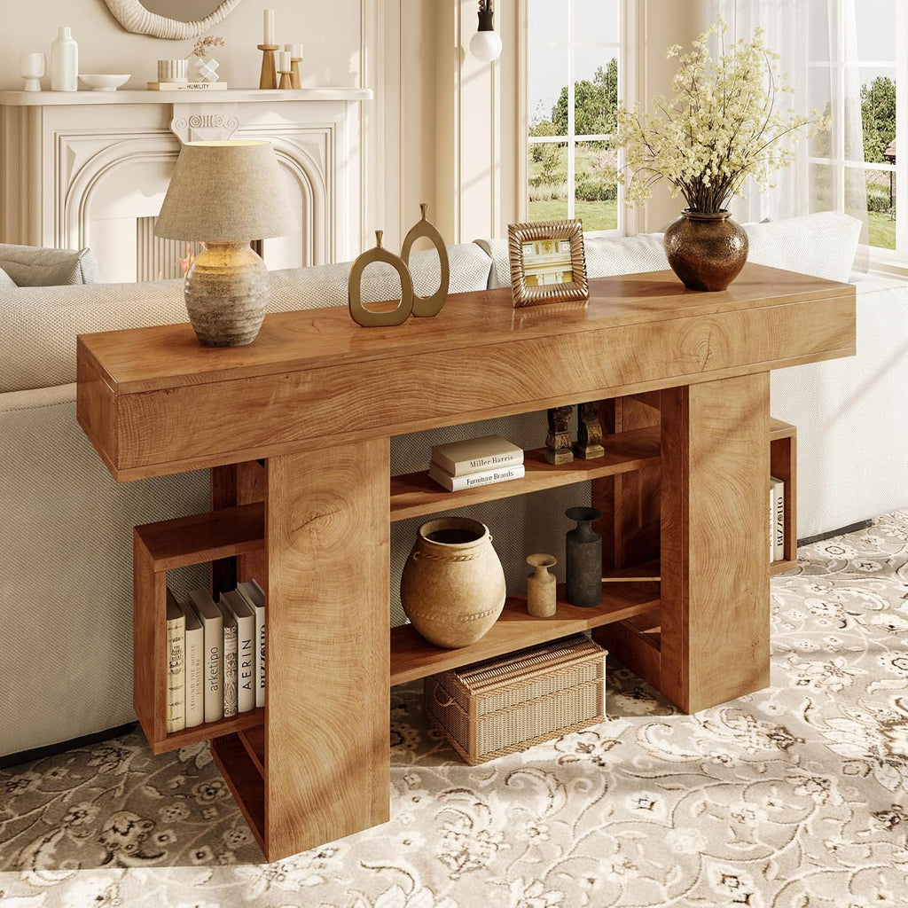 Einhomn 63 Inch Long Console Table for Entryway, Farmhouse Wooden Sofa Table Behind Couch with 3-Tier Storage Shelf, Narrow Entry Accent Table for Living Room, Hallway, Foyer, Natural