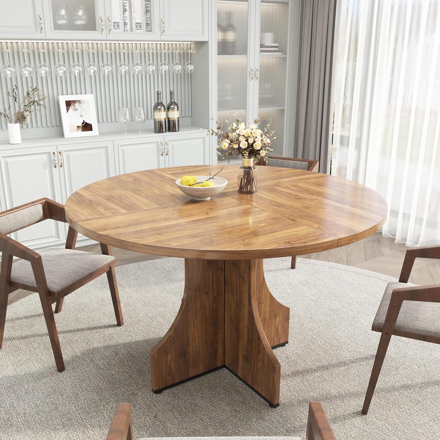 Round Dining Table 47 Inch for 4-6 People, 0.98 Inch Thick Tabletop with Adjustable Feet, Sturdy Legs, Easy to Clean & Assemble, Modern Kitchen Dining Room Table for Small Space Apartment, Walnut Wood