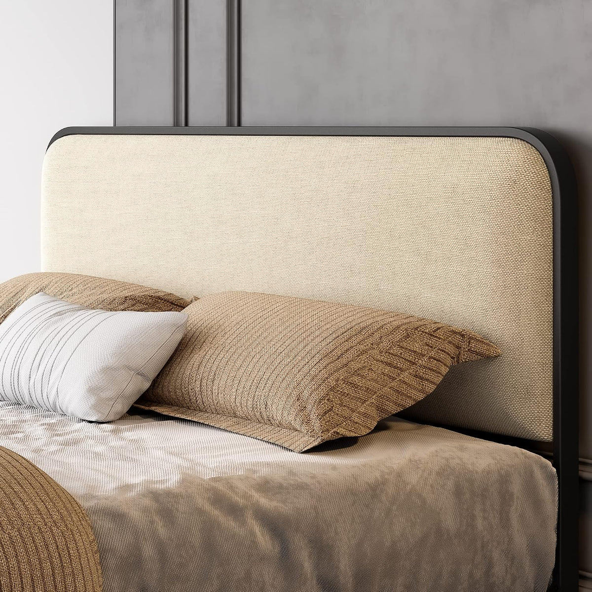 SHA CERLIN Full Size Metal Bed Frame with Upholstered Headboard, Beige