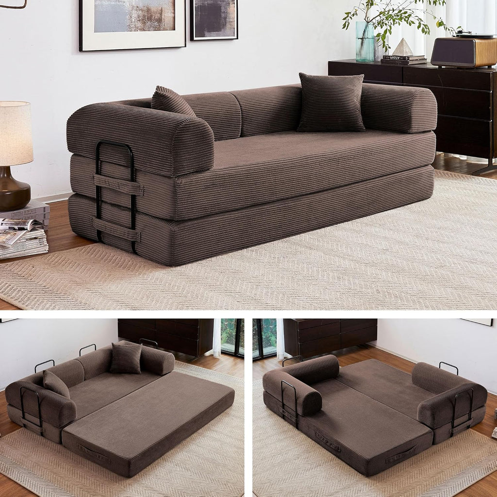 79" Convertible Sofa Bed, 5-in-1 Corduroy Couch Bed Sofa Pull Out, Memory Foam Couch, No Assembly Futon Couches for Living Room (Brown)