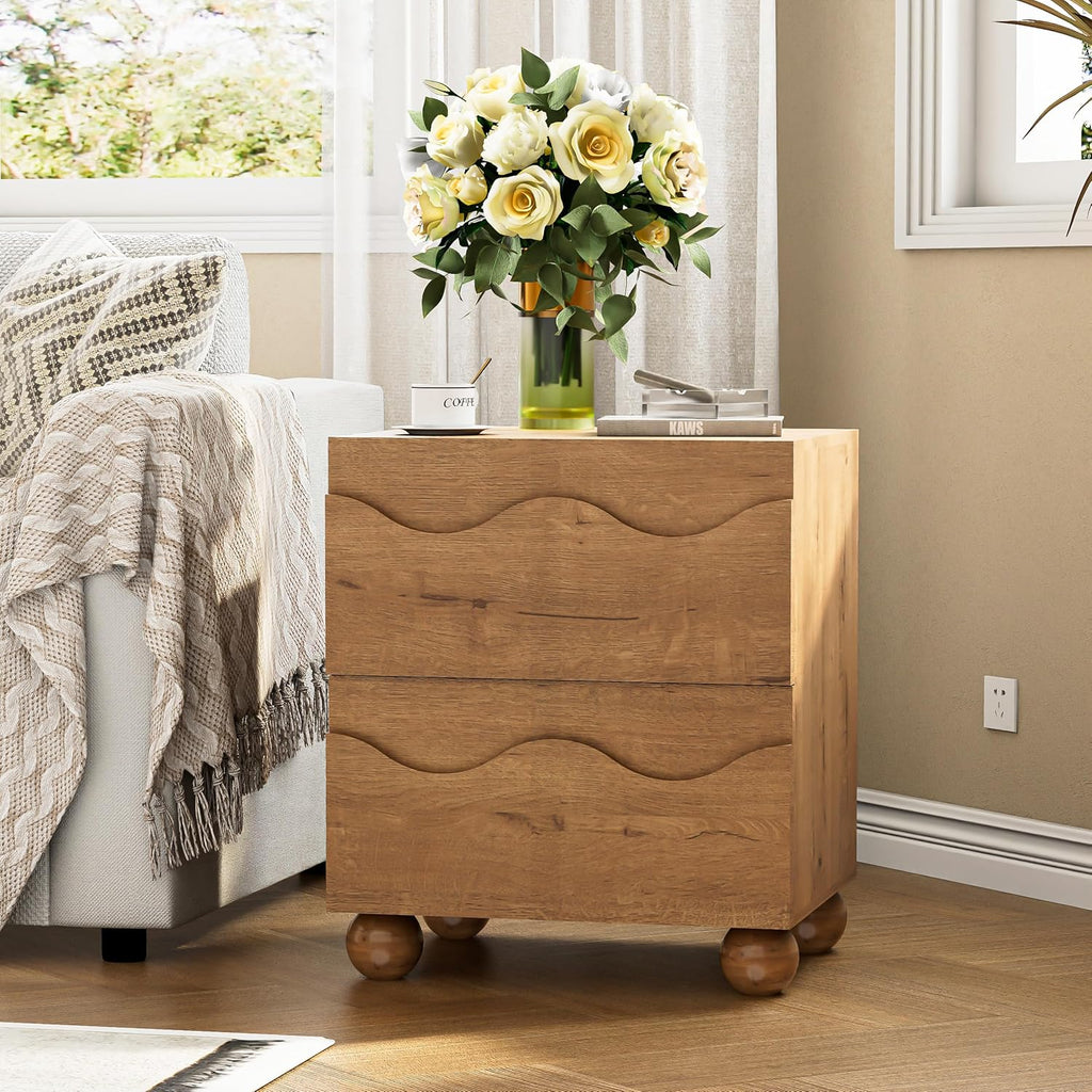 Scalloped Nightstand Set of Two for Bedroom with 2 Drawers, Modern Night Stand Set of 2 with Hidden Handle, Wooden End Table, Fluted Wood Bedside Table for Living Room, Natural Oak