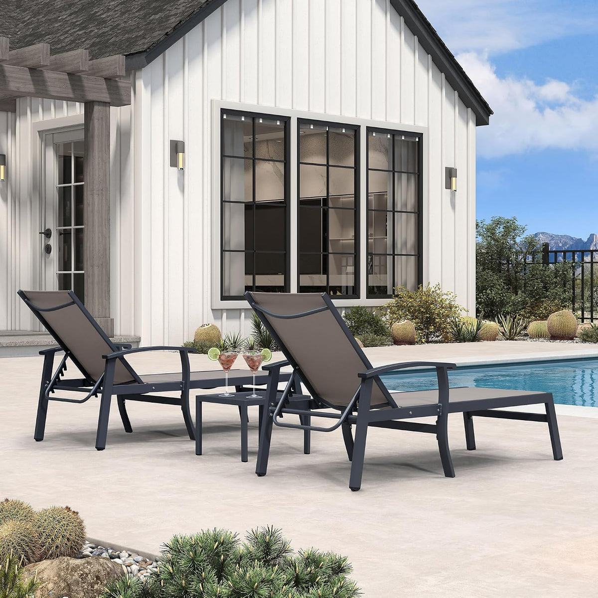 PURPLE LEAF Outdoor Chaise Lounge Chairs Set of 2 Aluminum Frame, Taupe | Textilene quick dry & durable, Powder coat for anti-rust, Armrests added comfort, Built-in Side Table, 5 Adjustable position
