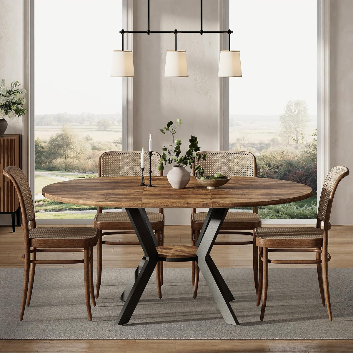 42"-58" Extendable Oval Dining Table for 4-6, Kitchen Round Table with Hidden Leaves & Storage Shelf, Space Saving Modern Design with Sturdy Metal Legs for Kitchen, Dining Room & Small Apartments