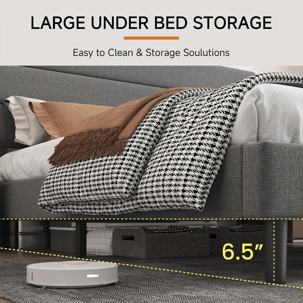 King Platform Bed Frame with Adjustable Linen Fabric Upholstered Headboard, Strong Slats Support, Noise-Free, No Box Spring Required, Easy Assembly for Bedroom Guest Room, Grey