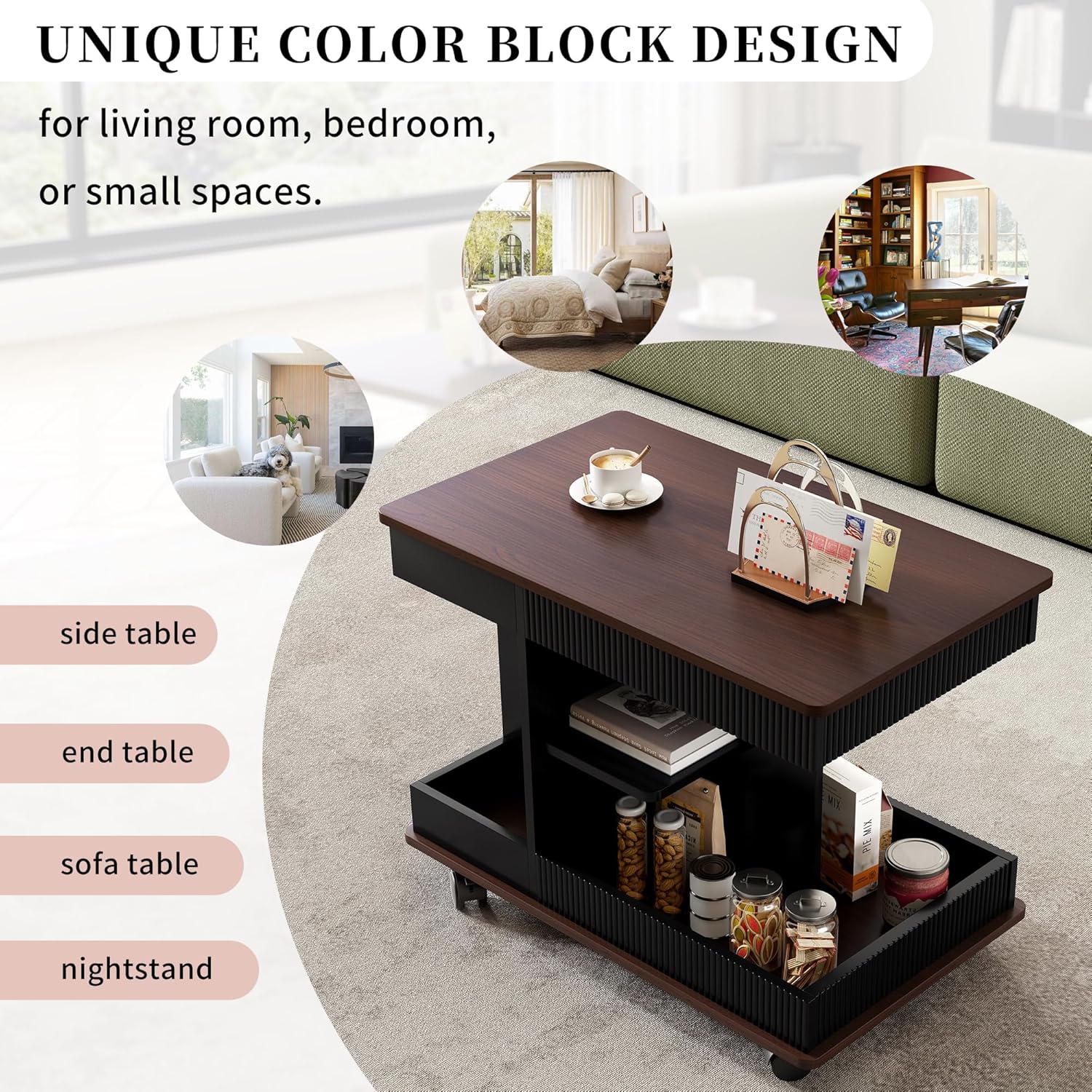 Modern Adjustable End Table with Wheels, 360° Rotating and Adjustable Lift-Top Design, Multifunctional Sofa Side Table with Storage Space for Living Room, Small Space (Black+Brown/508)
