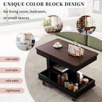 Lift Top End Table with Wheels, Rotating Sofa Side Table, 360°Rotating Top & Storage Space for Living Room, Bedroom, Small Space (Black+Brown)