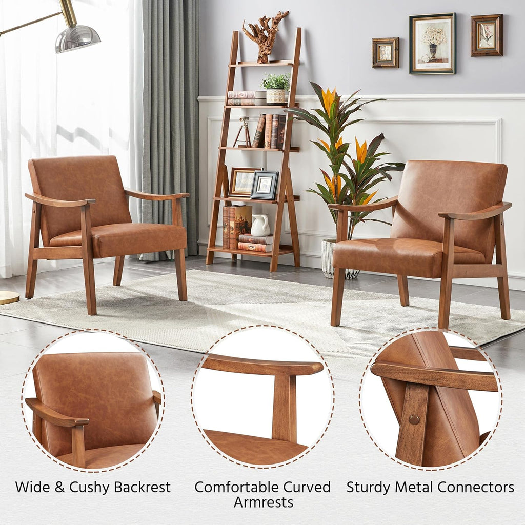Yaheetech Accent Chairs Set of 2, Mid-Century Armchairs, Light Brown | Cushioned Club Chairs with Supportive Sloped Backrests and Sturdy Wood Arms Fit Small Living Rooms, Offices, Reading Nook