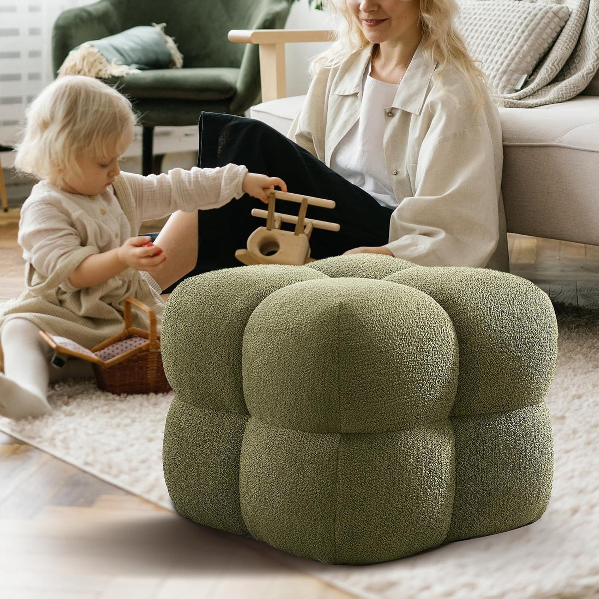 Zesthouse Square Pouf Ottomans Set of 2, Modern Vanity Chair for Bedroom | Boucle Fabric Foot Rest for Couch, Upholstered Tufted Footstool, Poofy Ottoman Seat for Living Room Dorm Fluffy Ottoman Green