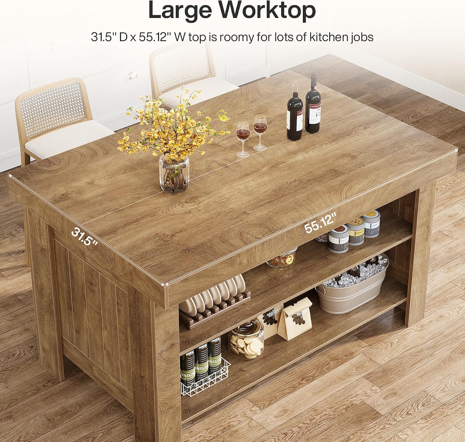 Tribesigns 55" Kitchen Island with Storage & Seating (Natural Brown | Farmhouse Wooden Island with Stationary Worktop, Open Shelves, and Legroom, Dining Prep Station for Home Kitchen