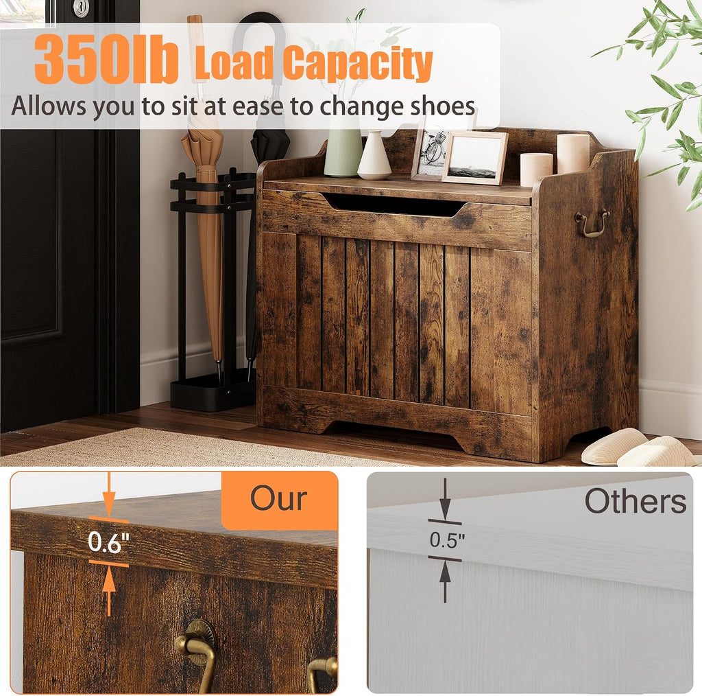 Garvee Storage Chest, Wooden Storage Bench with Safety Hinge, Flip Top Blanket Chest Trunks, Supports 350 Lb, for Entryway, Living Room, Bedroom (Rustic Brown, 24.8" L x 14" W x 22" H)