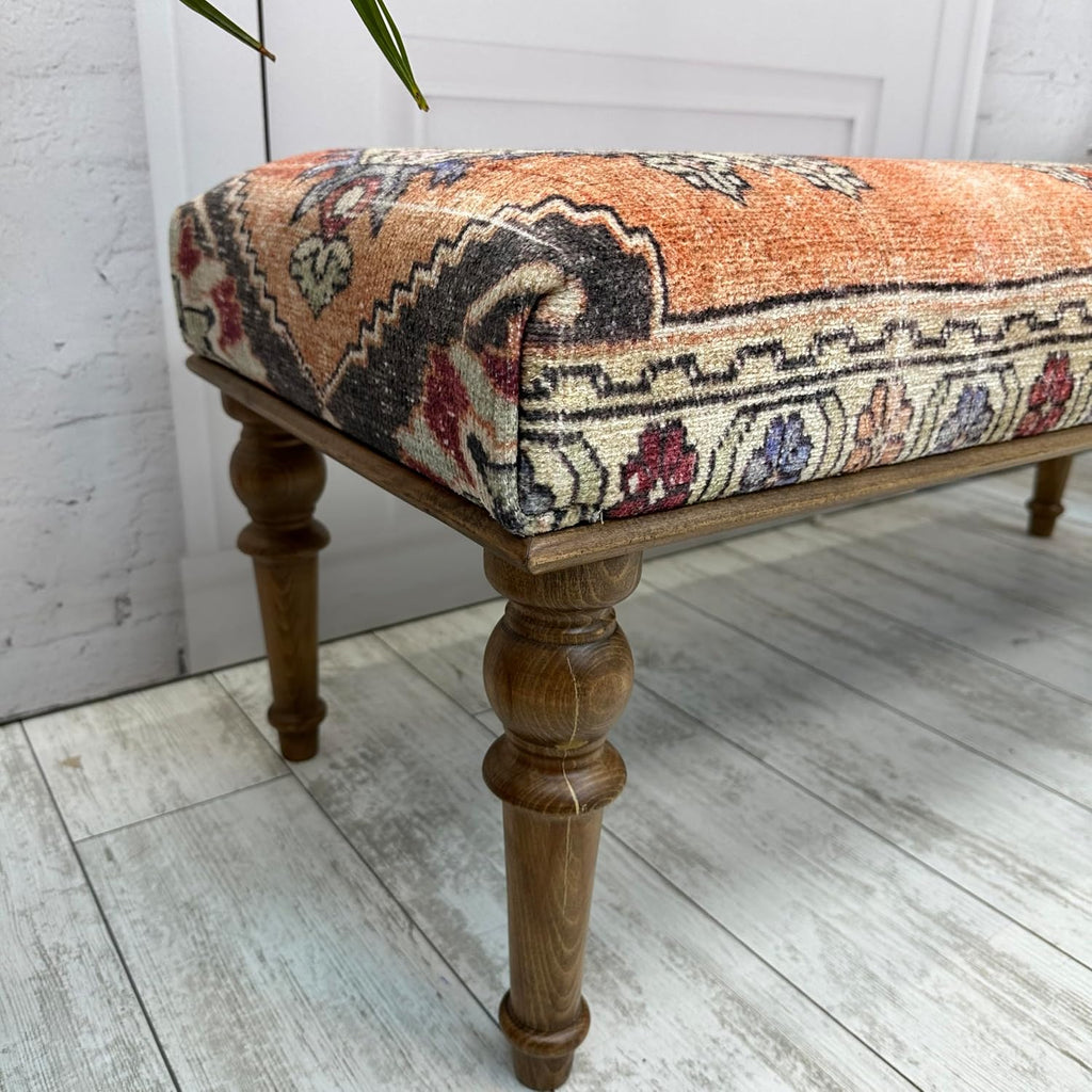 Ottoman Bench with Rug Upholstered Handmade Wood Work for Boho Farmhouse Kitchen Dining Room Entryway Footstool Livingroom Bedroom, Piano Bench, Coffee Bench (Era-62, 18x18x48)