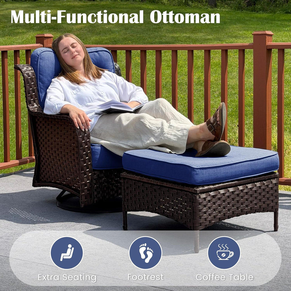 Sundale Outdoor Set of 2 Wicker Ottomans, 22.83" x 22.83" Outdoor Footrest with 4" Thick Large Cushions, All Weather Rattan Patio Ottoman for Footstool, Side Table (Blue)