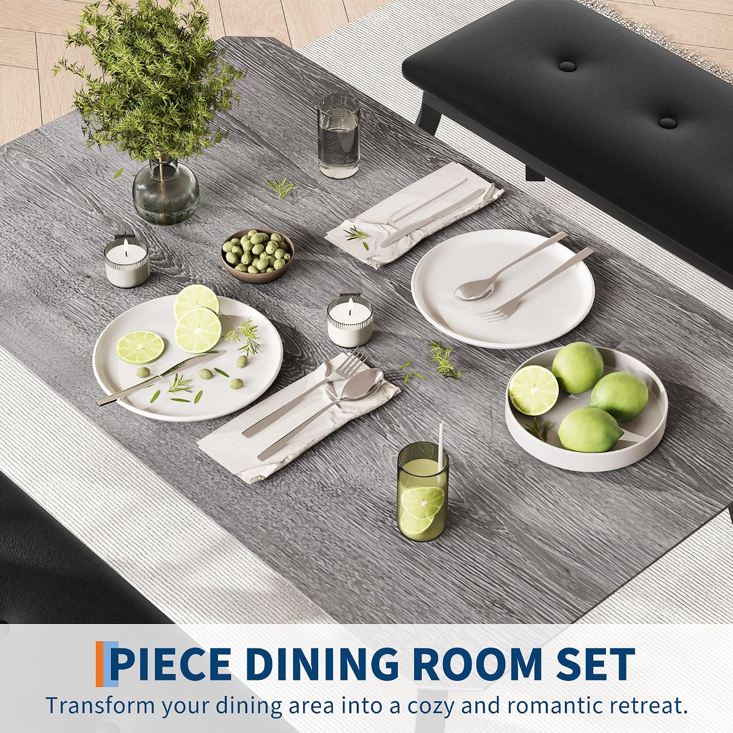 Dining Table Set for 4, 3-Piece Wooden Kitchen Table with 2 Upholstered Benches, Space-Saving Dinette Set for Restaurant, Studio, Dining Room, Home Kitchen(43''x28''x30''), Gray