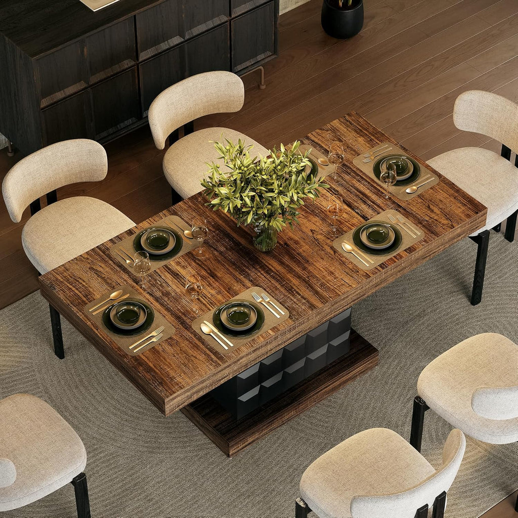 LITTLE TREE 63" Modern Dining Table, Rectangular Dinner Table for 4-6, Farmhouse Kitchen Table, Sturdy Wood Pedestal Base for Kitchen/Dining Room, Rustic Brown & Black