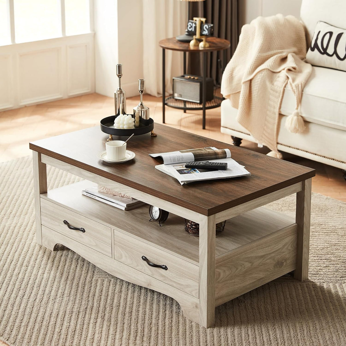 LINSY HOME Farmhouse Coffee Table with Storage, Wood Coffee Table for Living Room, Open Display Area and Storage Drawers with Metal Handles, Chic Style with Curved Base. Oak and Brown
