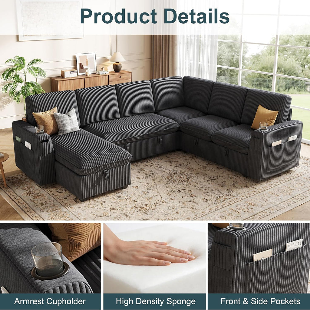 Sectional Sleeper Sofa with Pull Out Bed, Plush Corduroy 7 Seat Modular Sectional Sofa with Storage Chaise and Adjustable Backrest, Cloud Couches for Living Room, Apartment, Dark Grey