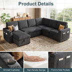Sectional Sleeper Sofa with Pull Out Bed, Plush Corduroy 7 Seat Modular Sectional Sofa with Storage Chaise and Adjustable Backrest, Cloud Couches for Living Room, Apartment, Dark Grey