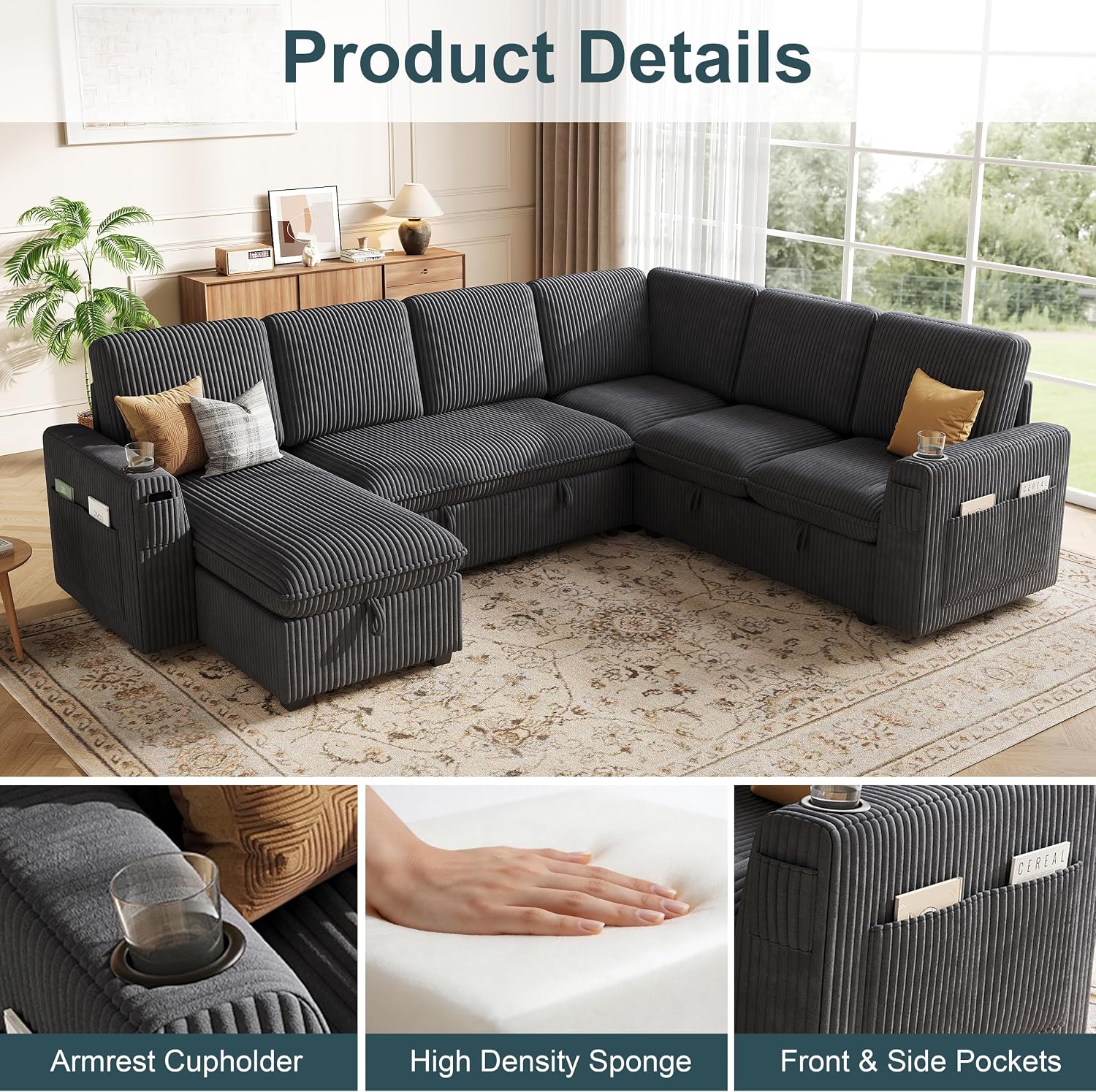 Sectional Sleeper Sofa with Pull Out Bed, Plush Corduroy 7 Seat Modular Sectional Sofa with Storage Chaise and Adjustable Backrest, Cloud Couches for Living Room, Apartment, Dark Grey