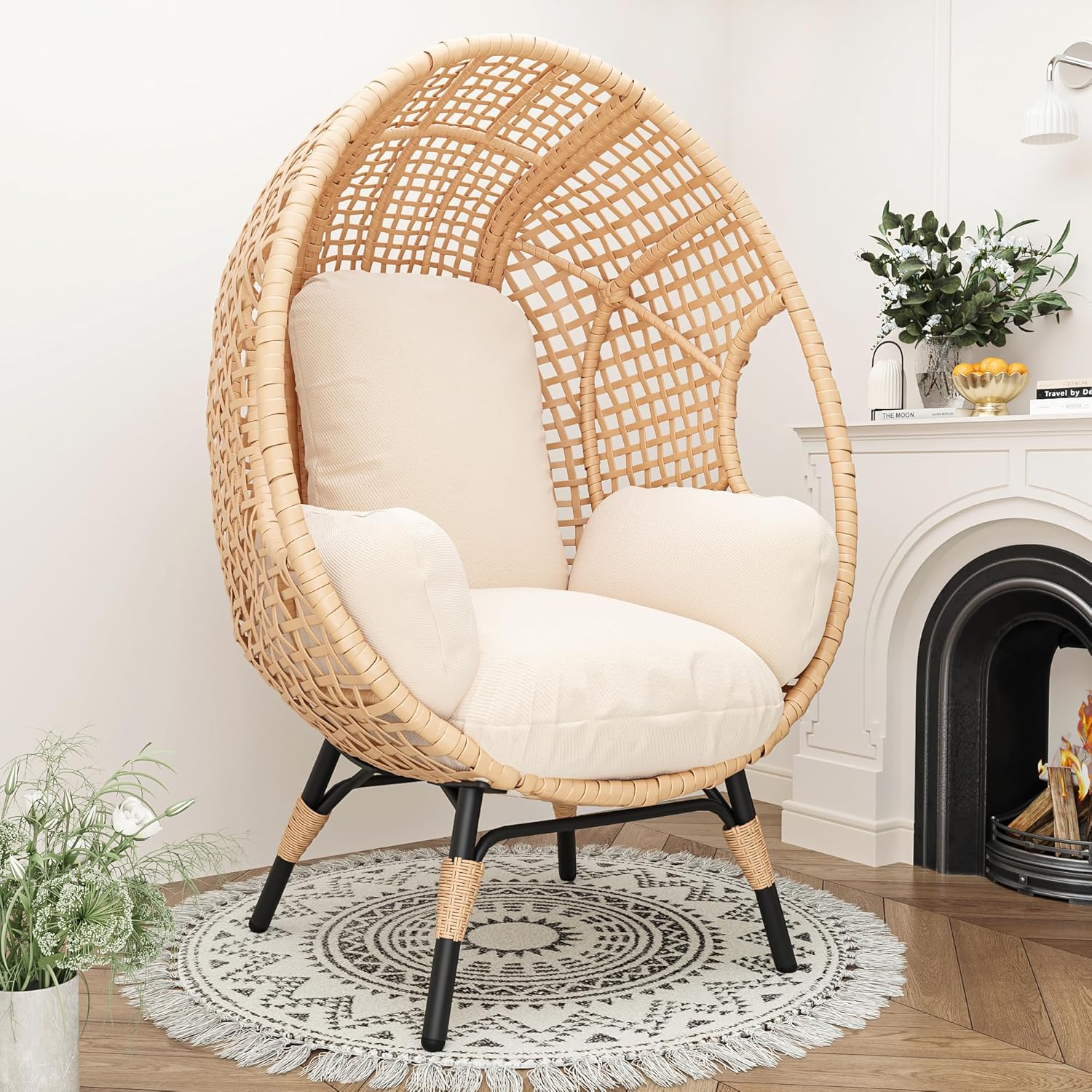 2 pcs Oversized Wicker Egg Chair Outdoor Indoor - Rattan Patio Egg Lounge Chairs with Cushion 500lbs Capacity for Living Room, Balcony, Backyard