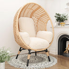 Oversized Wicker Egg Chair Outdoor Indoor Rattan Patio Egg Lounge Chairs with Cushion 500lbs Capacity for Living Room, Balcony, Backyard(Beige)