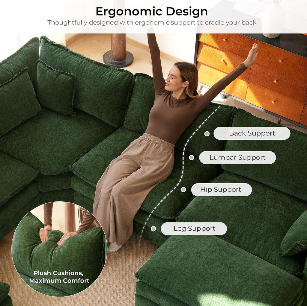 ELUCHANG 113" Oversized Modular Sectional Sofa, Comfy Chenille Cloud Couch, 4-Seater L Shaped Modern Deep Seat Sofa w/Removable Covers for Living Room, Bedroom, DIY Combination - Green