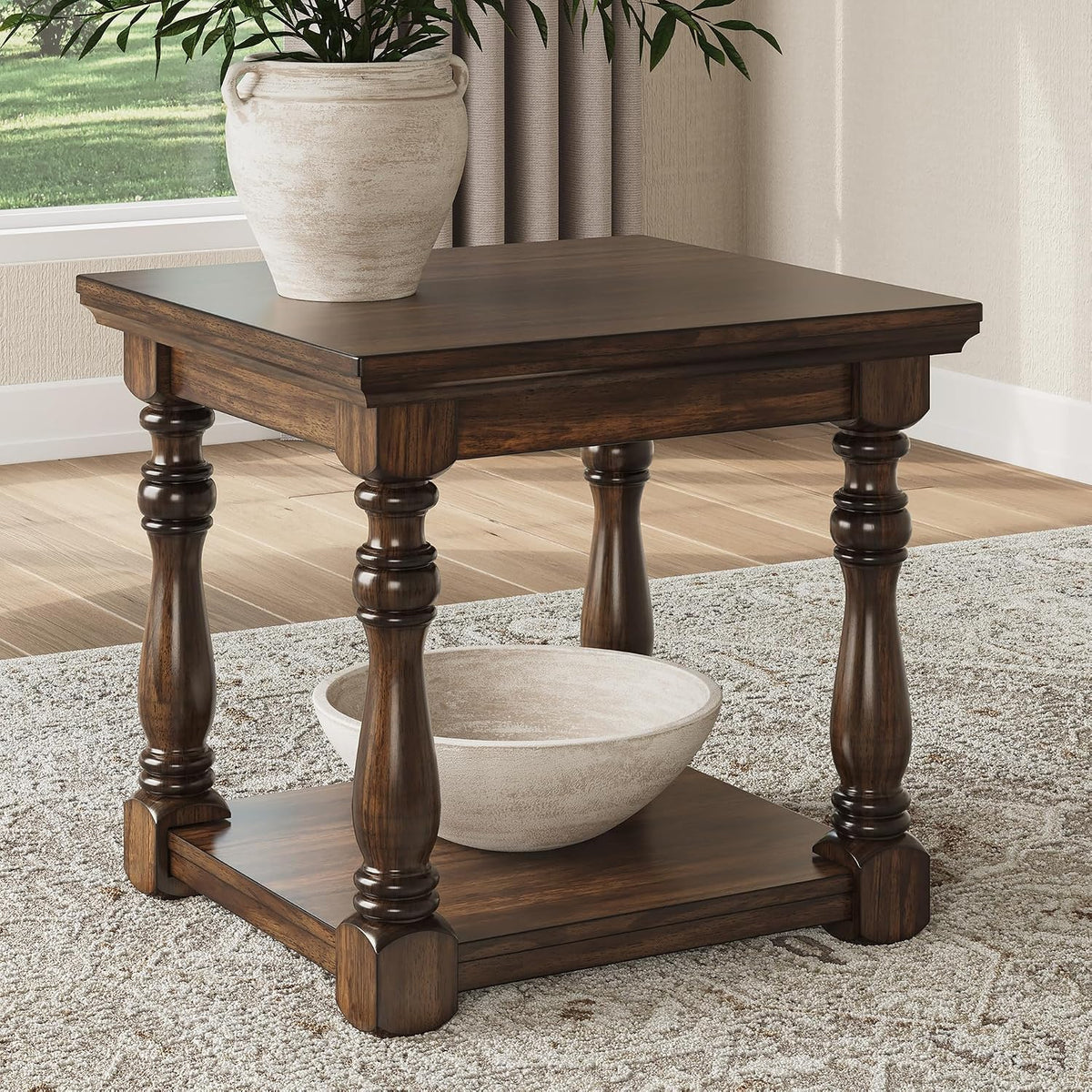 Signature Design by Ashley Sturlayne End Table, Traditional Rectangular Accent Table with Storage Lower Shelf, Hardwood Solids, Veneers, and MDF Substrates, for Living Room Couch, Dark Brown