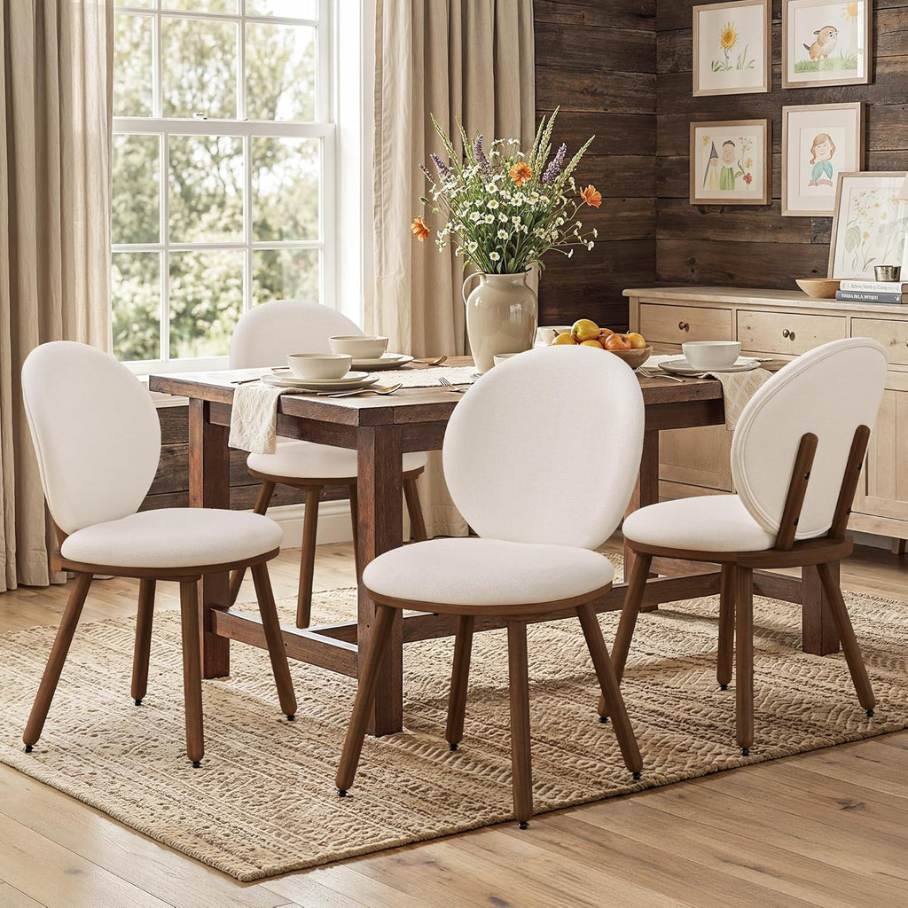 LUE BONA Dining Chairs Set of 4, Upholstered Fabric Kitchen Chairs with Dual-Spine Backrest, Kitchen Chair with Solid Wood Legs and Ergonomic Curved Seat, Easy Assembly for Kitchen Dining Room, White