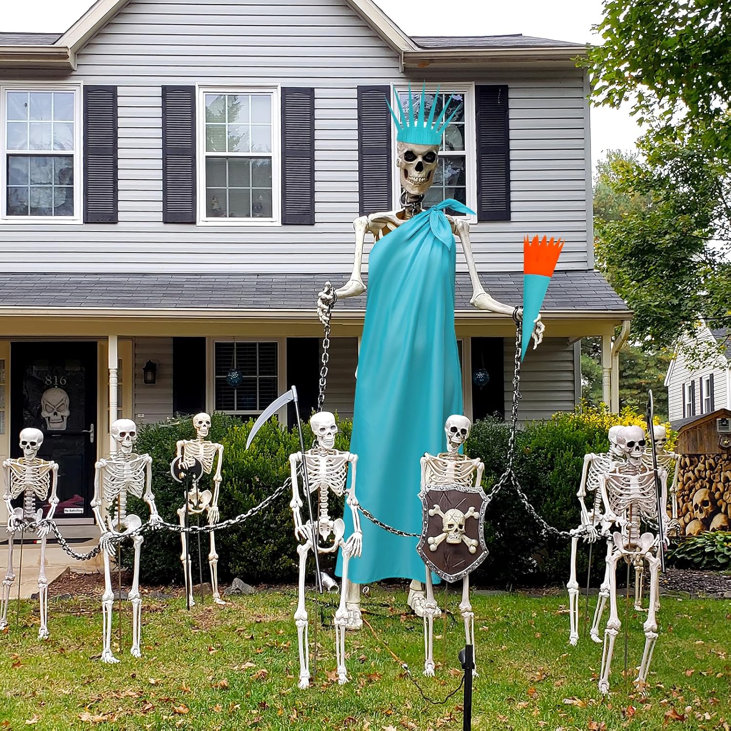 3 Pcs 12 ft Skeleton Accessories Skeleton Statue of Liberty Costume Kit with Crown and Torch Outfit Set Giant Sized Clothing for Outdoor Garden