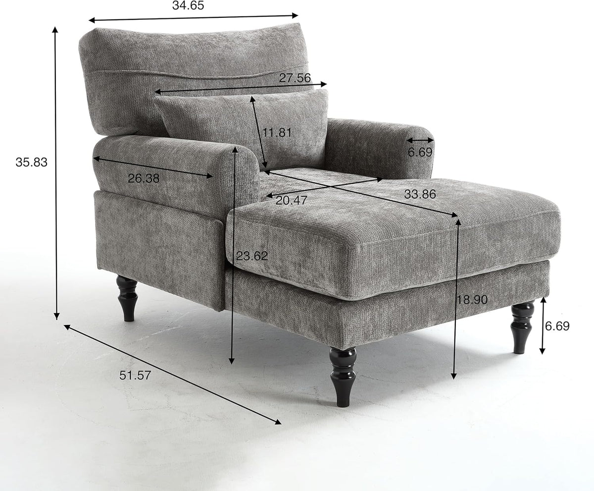 KEIKI Chaise Lounge Chair Indoor, Modern Leisure Sleeper Sofa Chair w/Double Deep Cushion, Accent Upholstered Reading Side Armchair, Recliner Arm Chairs for Living Room & Bedroom, Easy Assembly, Gray