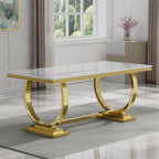 7 Piece Dining Table Set, White Faux Marble Dining Table with 6 Beige Velvet Dining Chairs, 68.11" Kitchen Table and Chair Set with Gold Stainless Steel Base, Luxury Dining Table Set for Kitchen