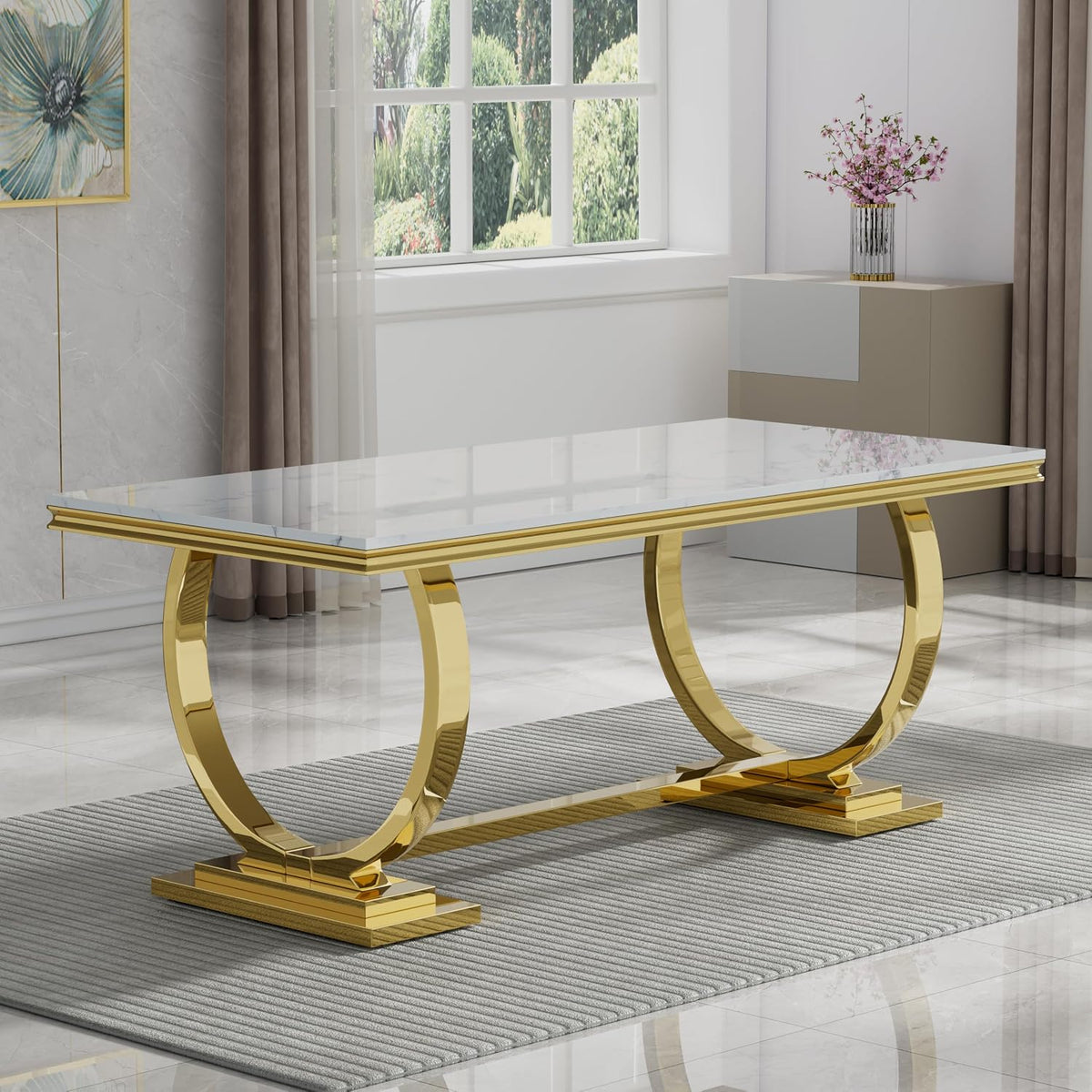 7 Piece Dining Table Set, White Faux Marble Dining Table with 6 Beige Velvet Dining Chairs, 68.11" Kitchen Table and Chair Set with Gold Stainless Steel Base, Luxury Dining Table Set for Kitchen