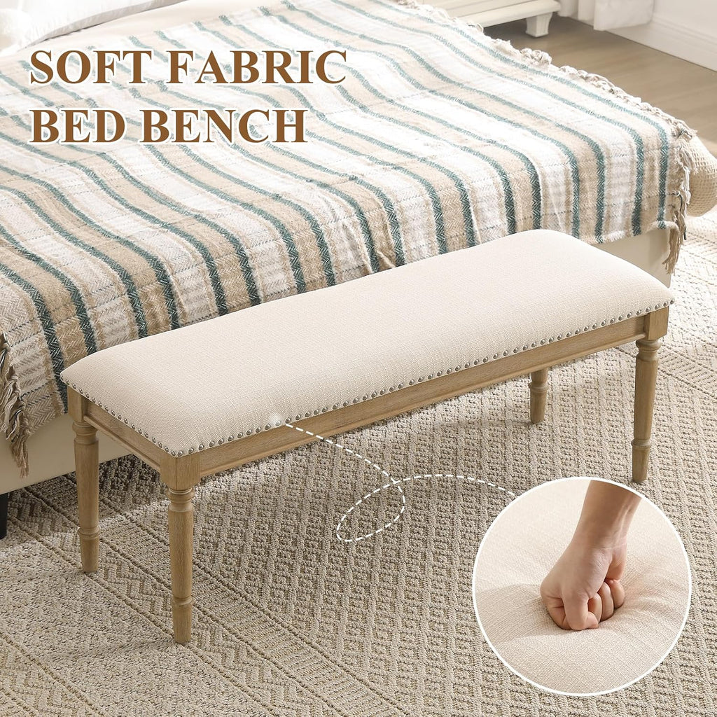 46'' French Country Entryway Bench Wooden Linen Fabric Upholstered Seat Dinng Bench with Nailhead Trim for Hallway End of Bed, Beige