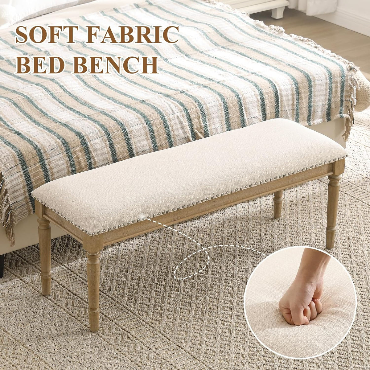 46'' French Country Entryway Bench Wooden Linen Fabric Upholstered Seat Dinng Bench with Nailhead Trim for Hallway End of Bed, Beige