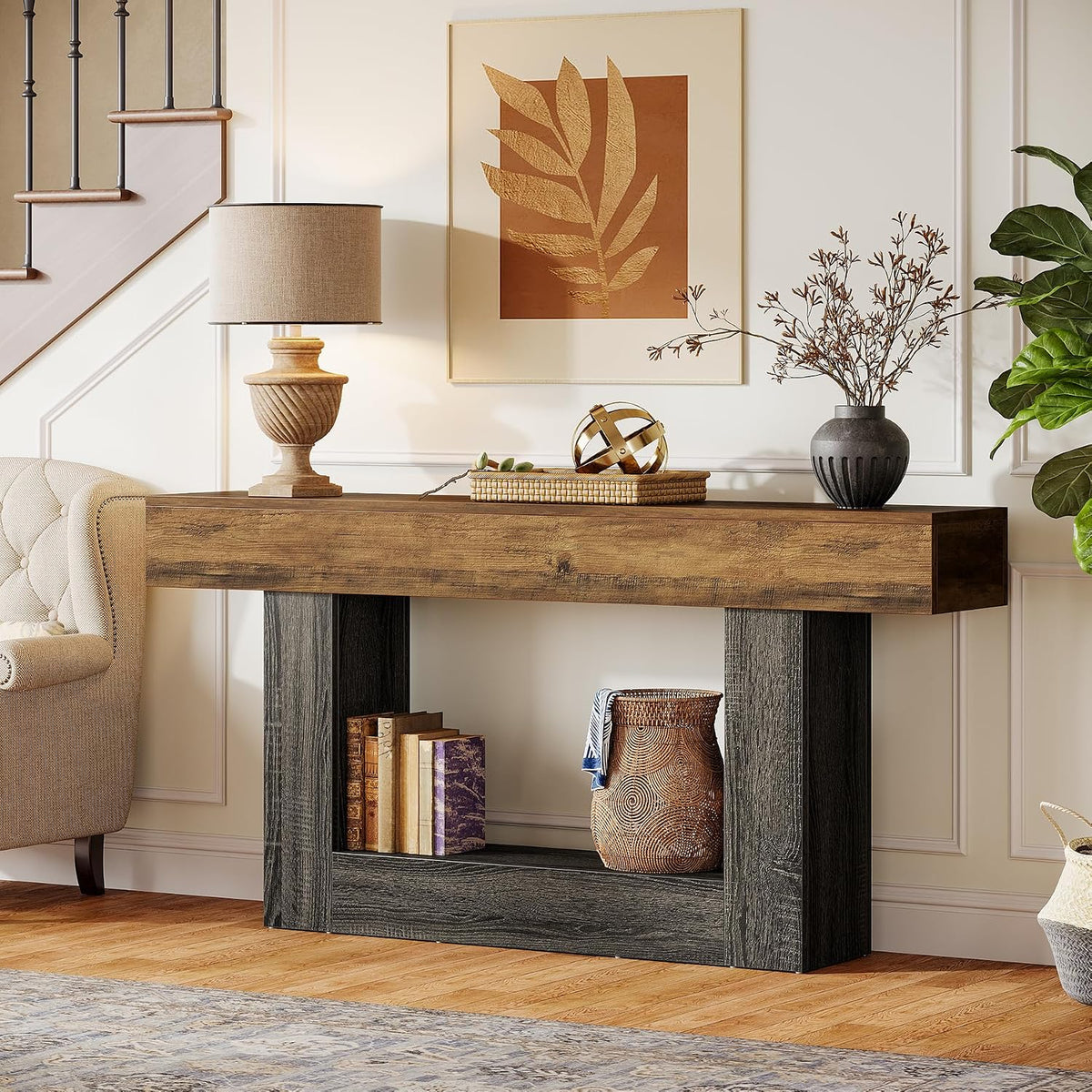 Tribesigns 63-Inch Long Console Table, 2-Tier Entryway Table Sofa Table with Storage, Farmhouse Wood Behind Couch Tables for Living Room, Hallway, Rustic Brown & Gray