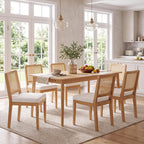HNY Modern Farmhouse Rattan Dining Chairs Set of 4 Beige Chenille Upholstered Dining Room Chair with Cane Back Mid Century Natural Wood Kitchen Chairs, Boho Accent Wicker Woven Chairs for Living Room