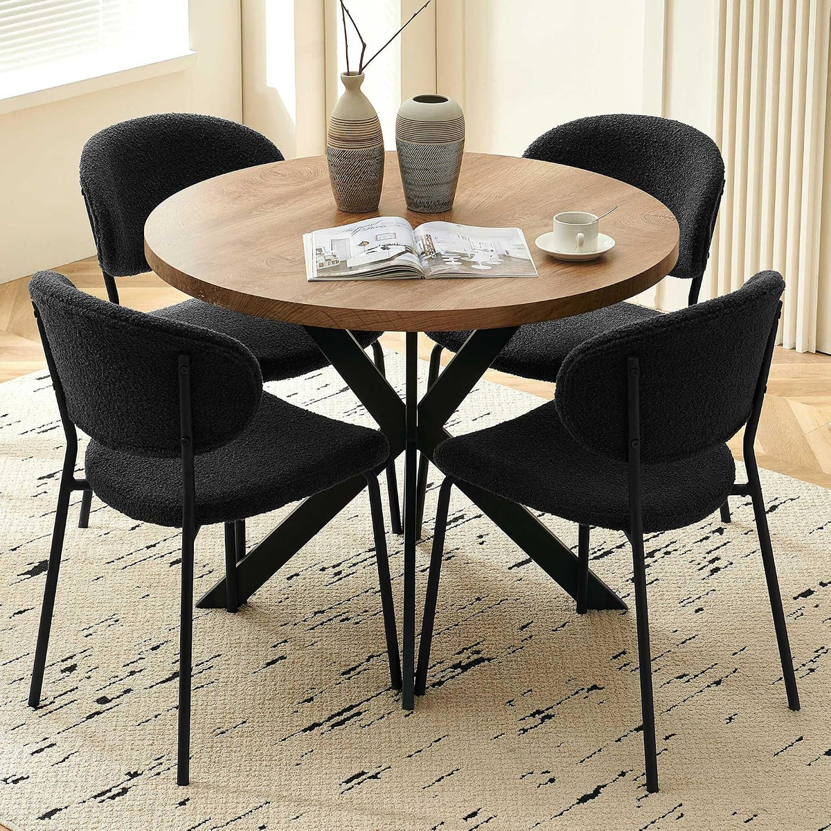 Homedot Kitchen Dining Table Set for 4, Modern Compact Round Dining Breakfast Dinner Table Chairs Set for Apartment Dining Room, Rustic Brown Table with Black Boucle Dining Side Chairs Set