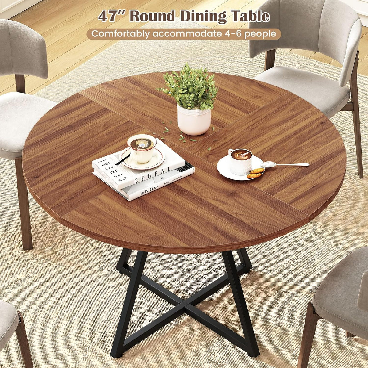 Giantex 47-inches Round Dining Table for 4, Kitchen Table with Storage Shelf, Wood Grain Tabletop, X-Shaped Metal Base, Adjustable Foot Pads, Circle Dinner Tables for Dinette, Living Room