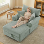 VANOMi Oversized Chaise Lounge Chair Indoor, Comfy Reading Chair with Storage, Chenille Upholstered Sleeper Chair with 2 Pillows Accent Armchair for Living Bedroom, Light Green