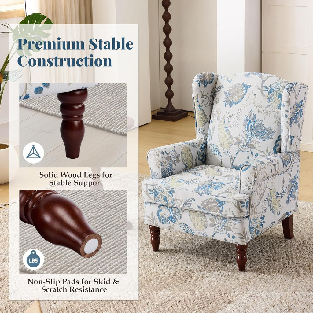 EROMMY Floral Accent Chair, Comfortable High Back Upholstered Armchair with Solid Wood Legs, Leisure Single Sofa Chair for Living Room, Home Office, Bedroom, Blue Floral